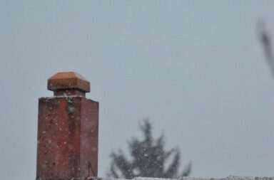 a snow covered roof with a chimney and a tree in the background